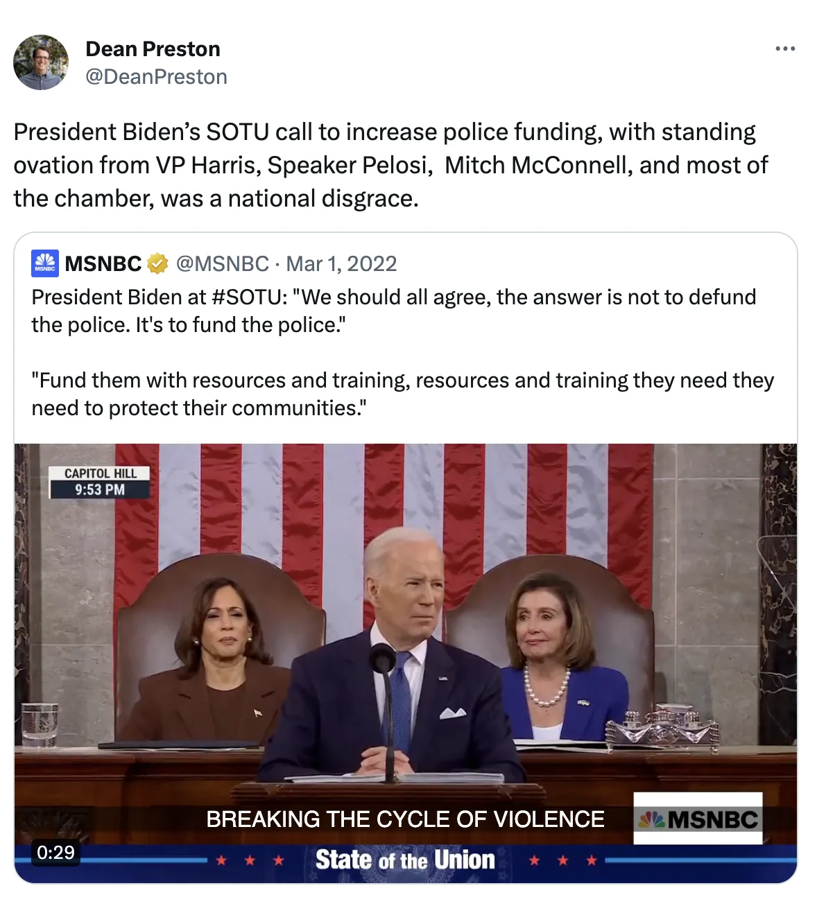 Dean Preston called President Biden a "national disgrace" for supporting police funding