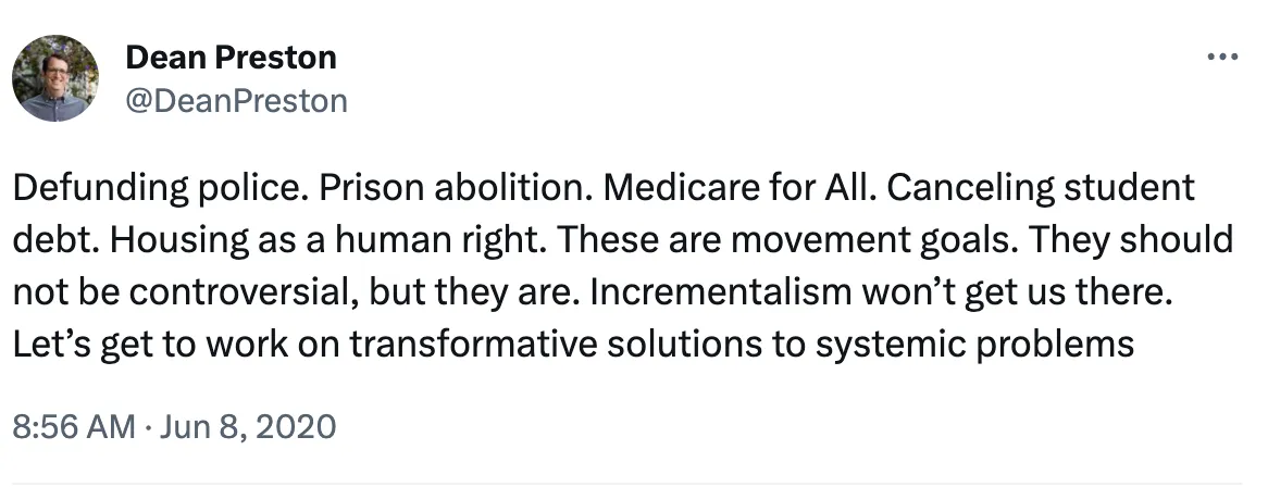Dean Preston wants to defund the police and abolish prisons